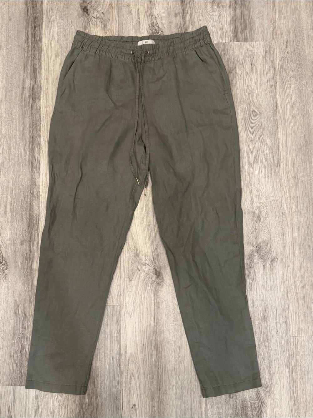 H&M 100% Linen Olive Green Drawstring Pants Size 6